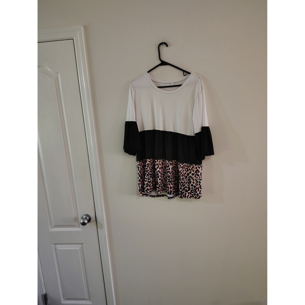 Womens Colorblock Leopard‎ Print Babydoll Tunic Top Bell Sleeve White Black L
